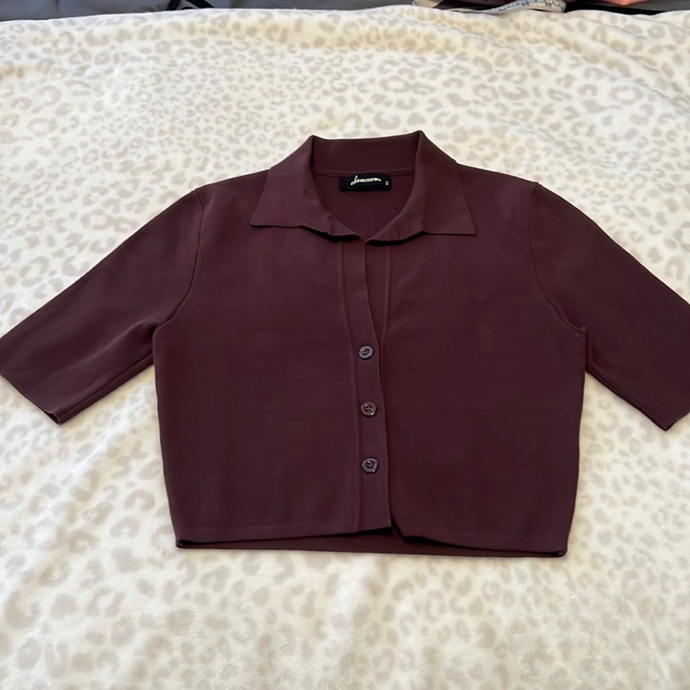 Brown Collard Cropped Button Down Top - image 1